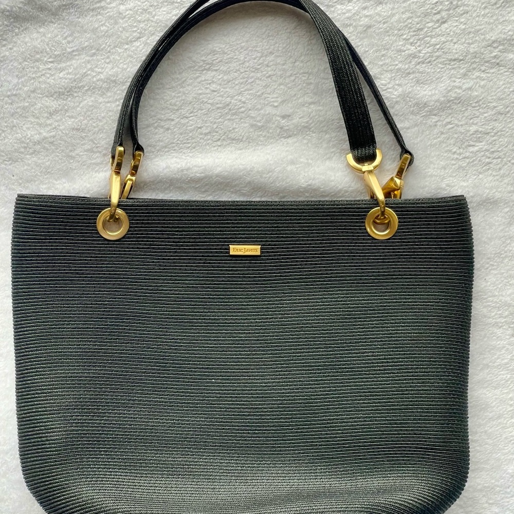 Eric Javits New York Black Structured Tote Bag w/ Gold Hardware & Teal Interior